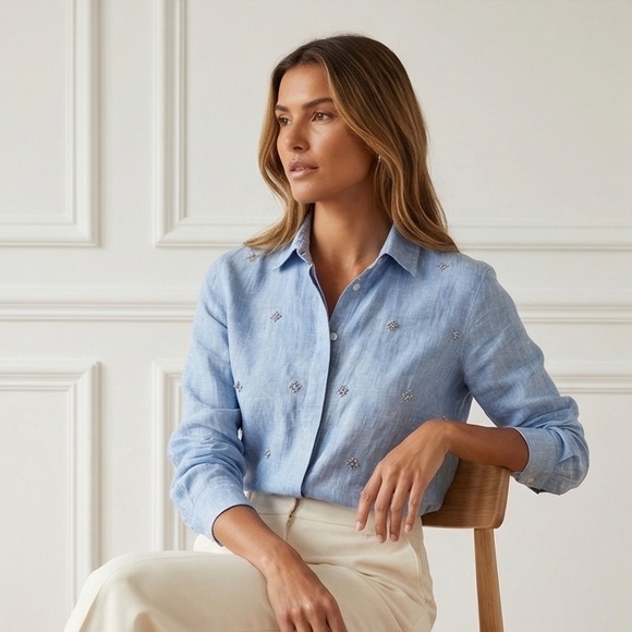 Weekend Max Mara Light Blue Embroidered Linen Button-Down Shirt - Picture 6 of 8